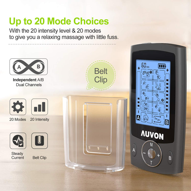 [Australia] - AUVON Dual Channel TENS Machine for Pain Relief, TENS Unit Muscle Stimulator with 20 Modes, 2" and 2"x4" TENS Pads Replacement (Black) 