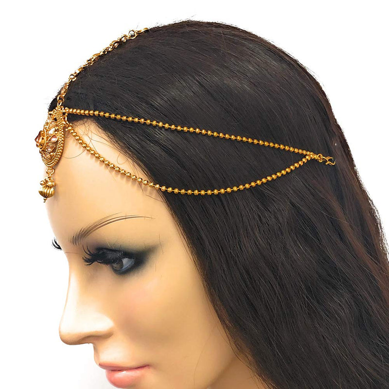 [Australia] - Bridal Ethnic Indian Pakistani Kundan Pearl Head Ornament Gold Plated Matha Patti for Wedding Festival Dancing 2 Chains 