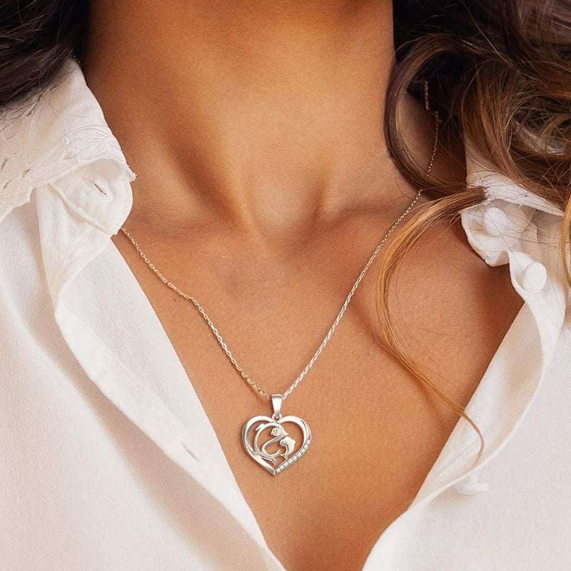 [Australia] - Agvana Mother Daughter Animal Necklace for Mom Grandma Sterling Silver CZ Mother and Child Love Heart Dainty Pendant Necklace Birthday Christmas Gifts Jewelry for Women Girls Daughter with Jewelry Box Dolhpin 