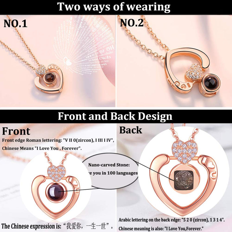 [Australia] - NEW-EC Necklace That Says I Love You in 100 Different Ways I Love You Necklace in 100 Languages Heart Rose Gold Hollow I U Design Projection Necklace Xmas Gift Birthday Present for GF Rose Gold-Heart 