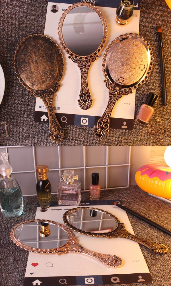 [Australia] - AKOAK 1 Pack Creative Retro Pattern Handle Makeup Mirror Portable Carry-on Lace Mirror Hand-held Mirror Makeup Tool (Rose Gold) Rose Gold 