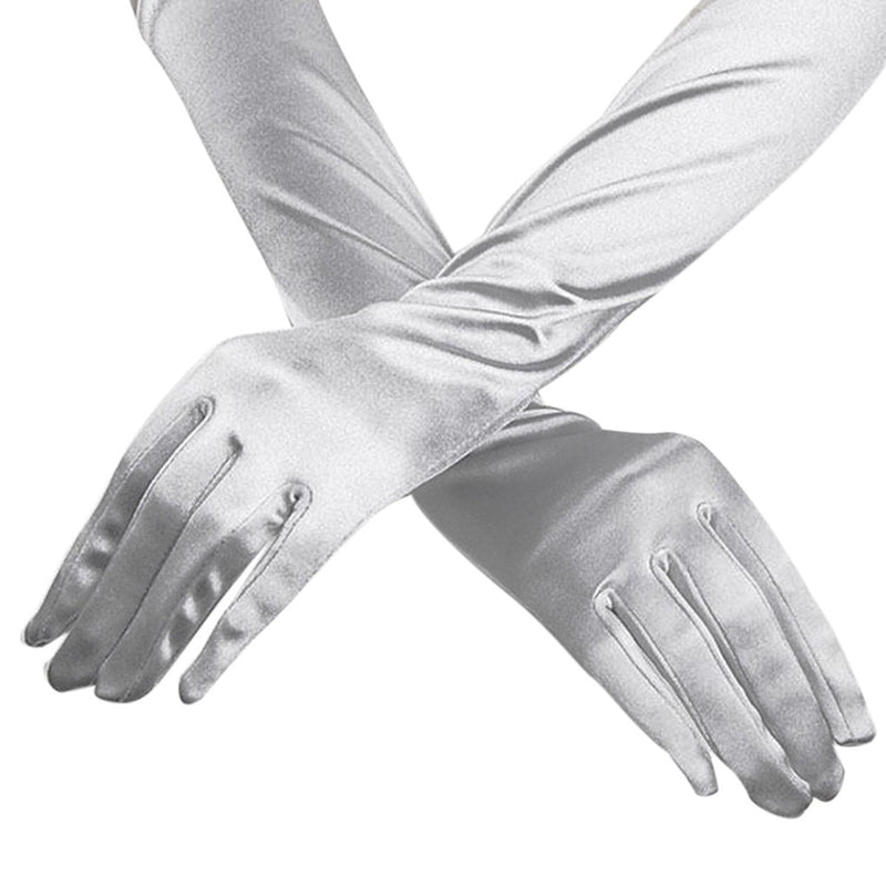 [Australia] - RUNHENG Women's Evening Party 17.75 inch Long Sillky Finish Satin Finger Gloves Silver 