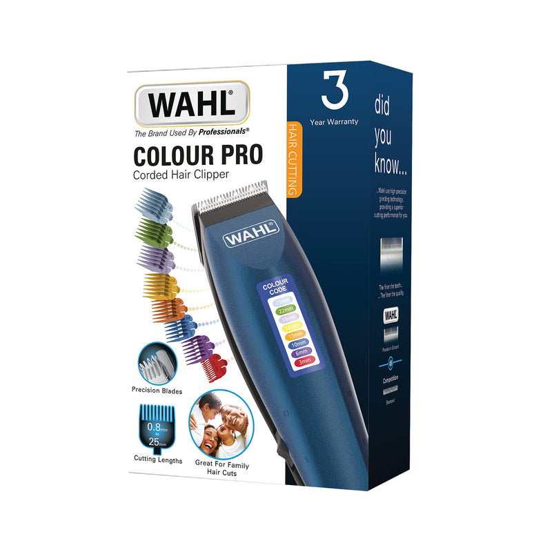 [Australia] - Wahl Colour Pro Corded Clipper, Hair Clippers for Men , Head Shaver, Men's Hair Clippers, Colour Coded Clipper Guides, Corded, Family at Home Haircutting Blue Corded single 