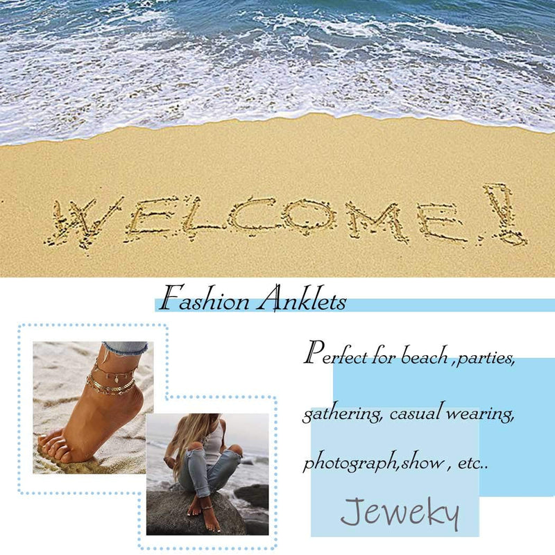 [Australia] - Jeweky Boho Three Layered Crystal Anklets Gold Moon Ankle Bracelets Chain Beach Foot Jewelry for Women and Girls 