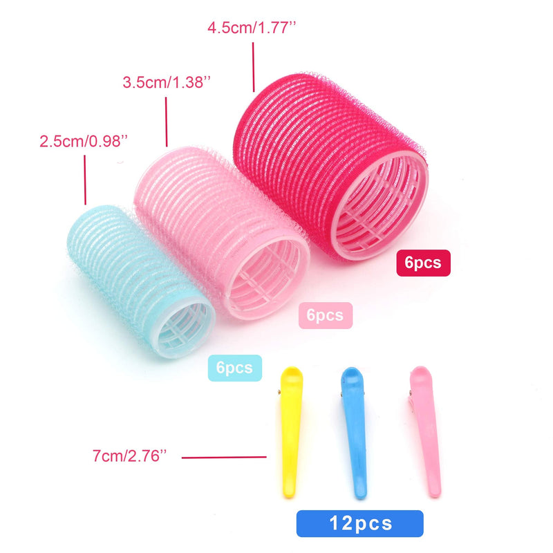[Australia] - KHEERANA 30 Pieces Hair Rollers - 18 Self Grip Rollers, 12 Duckbill Clips - Salon Hairdressing Hair Curlers 44mm, 36mm And 25mm for Curling and Hair Styling (Rollers+Clips) (30 PCS) 30 PCS 