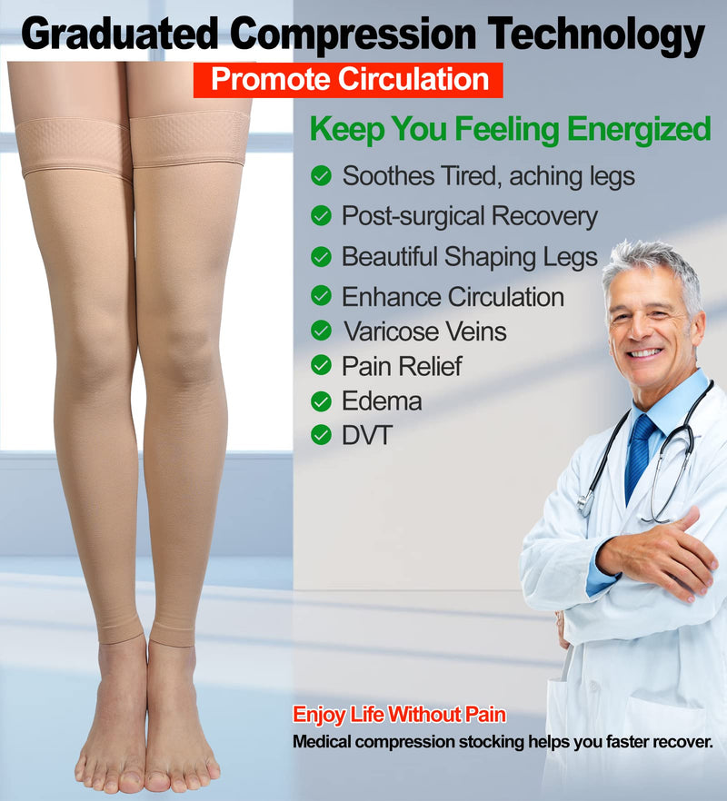 [Australia] - Thigh High Compression Stocking Footless - Pair, Thigh-Hi Leg Compression Sleeves Unisex, 20-30mmHg Gradient Compression with Silicone Band, Opaque, Best for Varicose Veins, Edema, Swelling, Beige XL X-Large (1 Pair) 