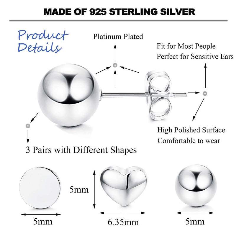 [Australia] - Sllaiss 3 Pairs 925 Sterling Silver Stud Earrings Set for Women Dot Round Ball Stud Earrings Heart Stud Earrings Simple Earrings Minimalist 