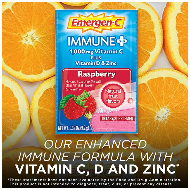 [Australia] - Emergen-C Immune+ 1000mg Vitamin C Powder, with Vitamin D, Zinc, Antioxidants and Electrolytes for Immunity, Immune Support Dietary Supplement, Raspberry Flavor - 30 Count/1 Month Supply 