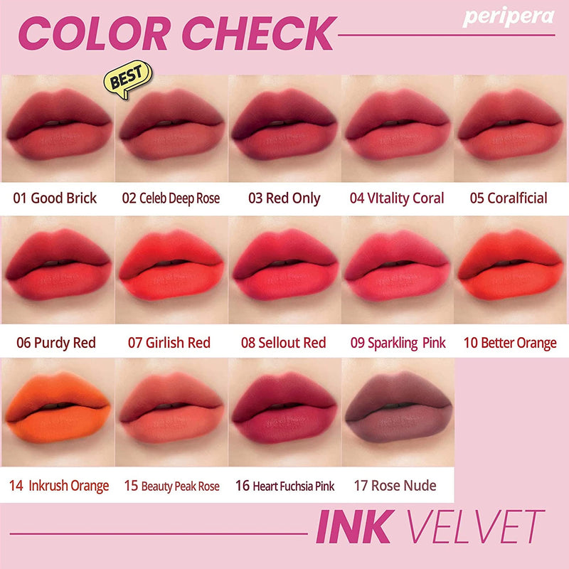 [Australia] - Peripera Lip Ink Velvet Tint Soft - Glowing Cosmetics Smooth And Shining, Long Lasting Makeup - Beauty Peak Rose 