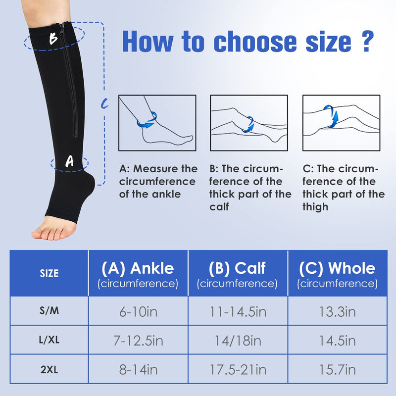 [Australia] - Zipper Compression Socks-2Pairs Calf Knee High Open Toe Compression Stocking (C- BLACK/NUDE, Large-X-Large) C- Black/Nude 