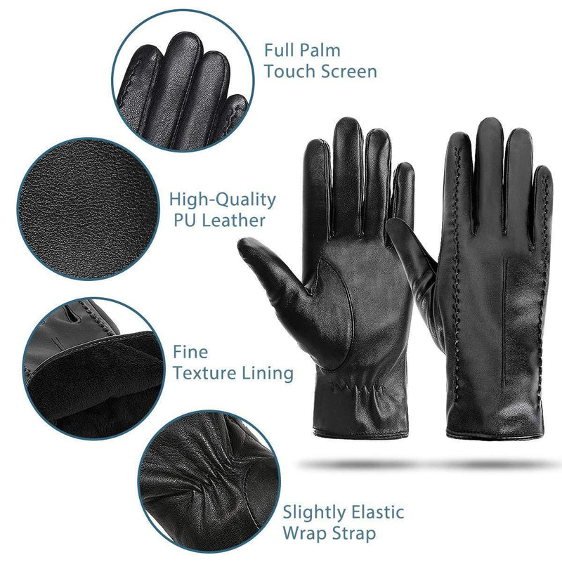 [Australia] - Womens Leather Gloves - Womens Touchscreen Gloves, Ladies PU Leather Gloves Black Mittens, Soft Warm Lining Winter Gloves Black-a 