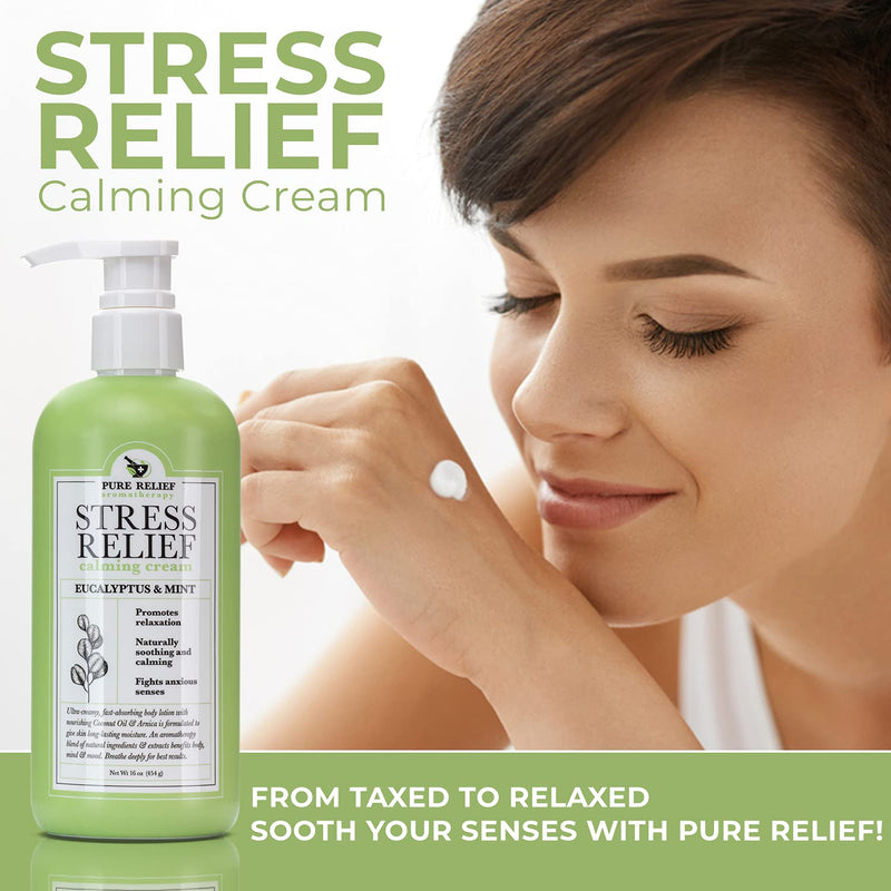 [Australia] - Stress Relief Calming Body Cream Eucalyptus-and-Mint Aromatherapy Body Lotion with Arnica, Coconut Oil Hydrating Natural Extracts Moisturize All Skin Types & Soothe Senses by Pure Relief, 16 Oz. 