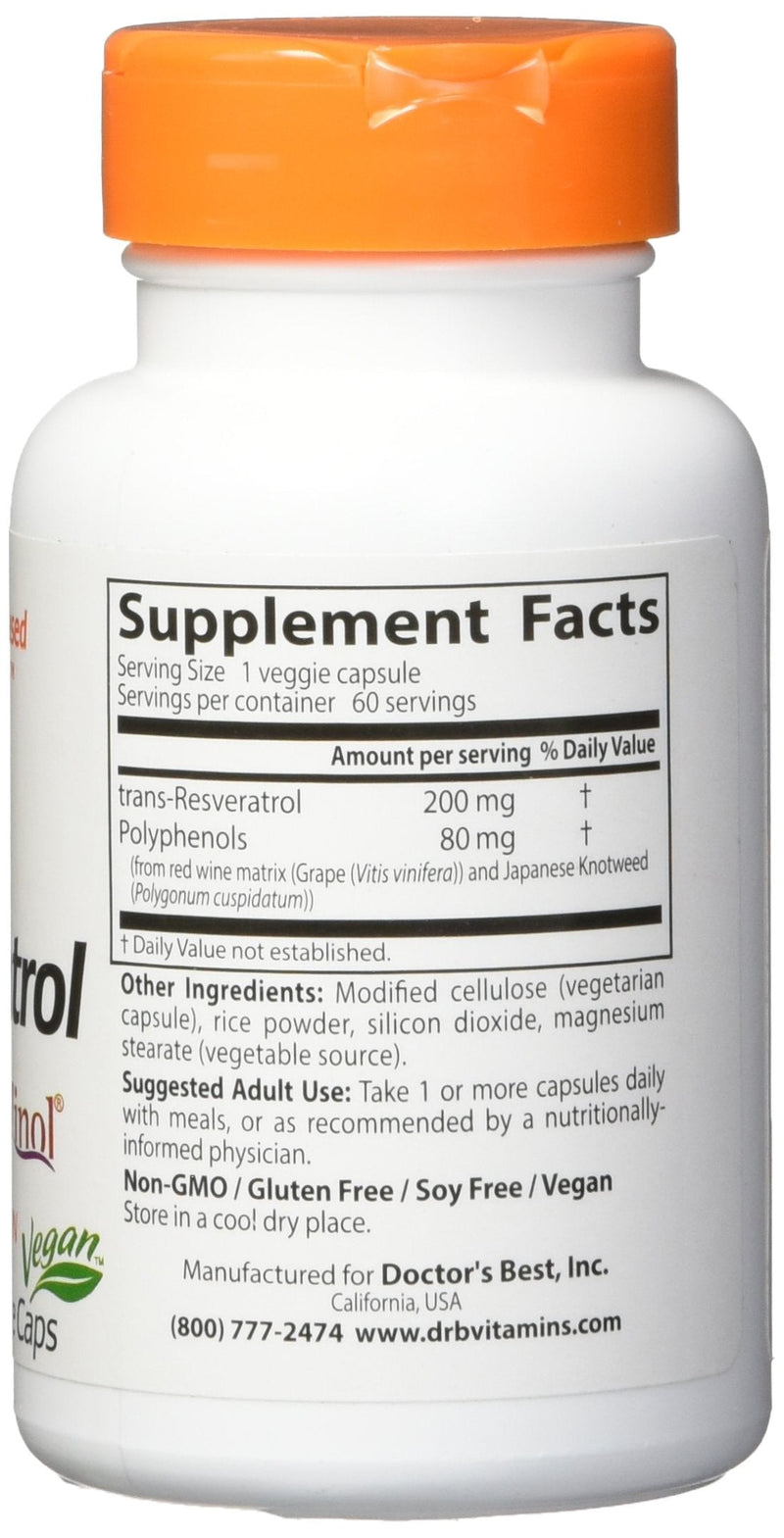 [Australia] - Doctor's Best, Trans-Resveratrol with ResVinol, Non-GMO, Vegan, Gluten & Soy Free, 200 mg, 60 Count 