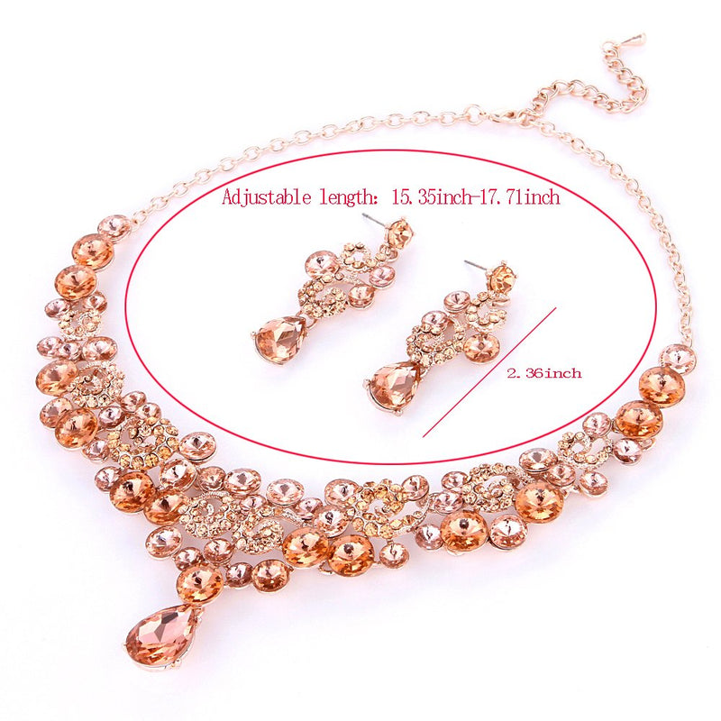 [Australia] - Youfir Crystal Flower Teardrop Wedding V-Necklace Dangle and Earrings Jewelry Sets for Brides Rose Gold-Peach 