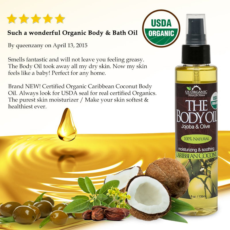 [Australia] - US Organic Body Oil-Blend of Jojoba and Olive Oil with fragrance of Smooth Caribbean Coconut-Vitamin E, USDA Certified, No Alcohol, Paraben, Artificial Detergents, Color or Synthetic perfumes, 5 Fl.oz 