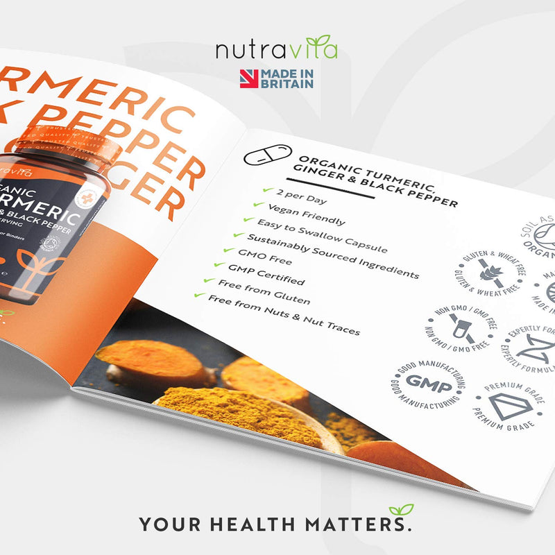 [Australia] - Organic Turmeric 1440mg (High Strength) with Black Pepper & Ginger - 180 Vegan Turmeric Capsules (3 Month Supply) – Organic Turmeric with Active Ingredient Curcumin - Made in The UK by Nutravita 