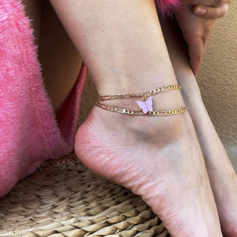 [Australia] - Aimimier Bohemian Butterfly Ankle Bracelet Set 2 Pcs Geometric Chain Link Anklet Boho Beach Barefoot Jewelry for Women and Girls 