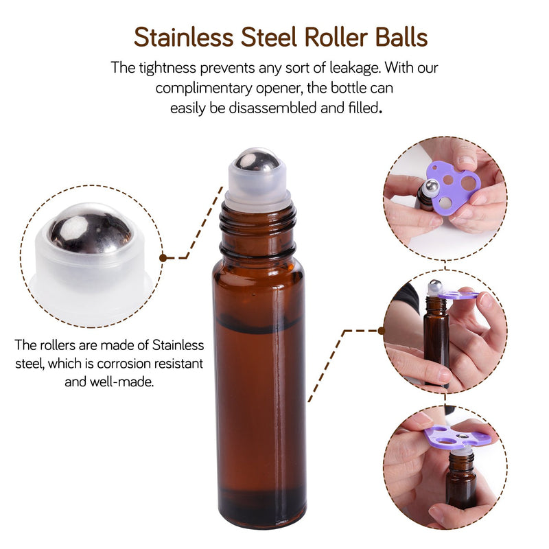 [Australia] - Essential Oil Roller Bottles 10ml (Amber Glass, 12pack, 2 Extra Roller Balls，24 Labels, Opener, 2 Funnels by PrettyCare) Roller Balls For Essential Oils, Roll on Bottles 12 Pack 