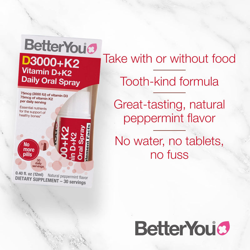 [Australia] - BetterYou Vitamin D3000+K2 Daily Oral Spray | Natural Daily Multivitamin Spray and Immune System Support | Natural Peppermint Flavour | 12ml (30 Daily Doses) 