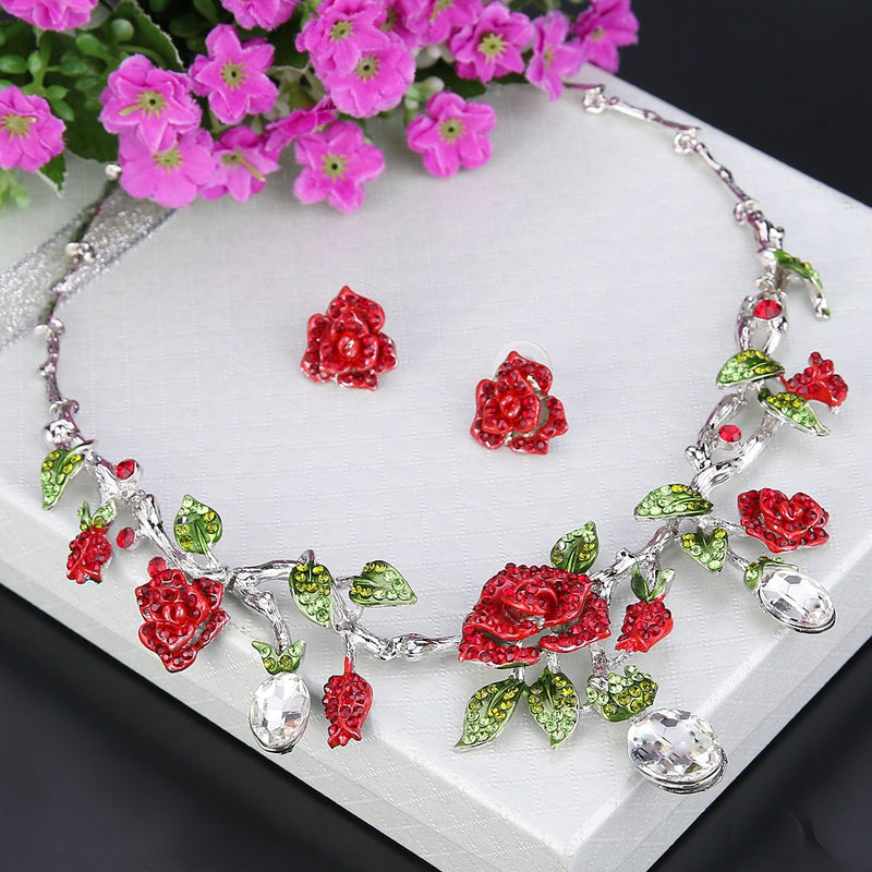 [Australia] - EVER FAITH Rhinestone Crystal Gorgeous Red Rose Flower Green Leaf Necklace Earrings Set Red Silver-Tone 