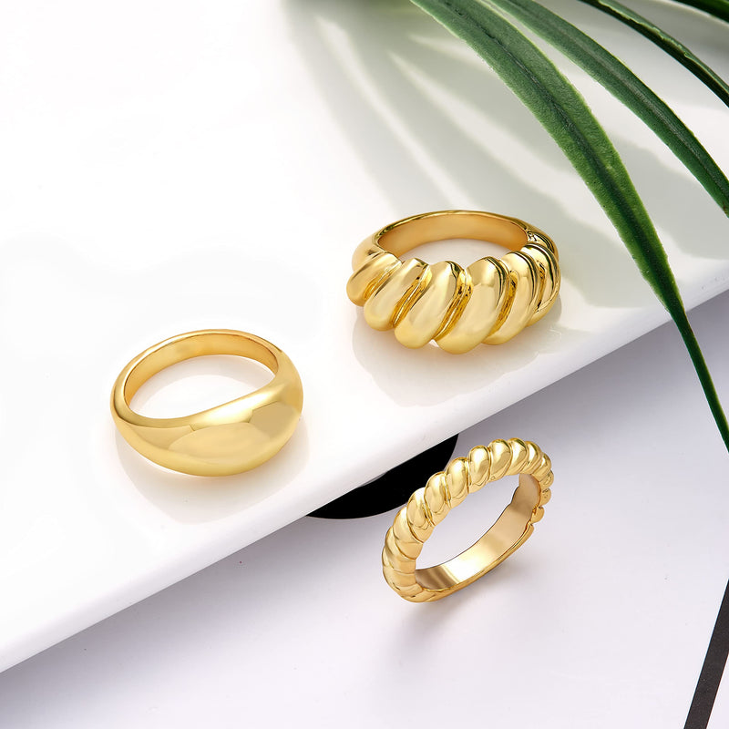 [Australia] - Chunky Ring Set: 14k Gold Plated Croissant Braided Twisted Dome Ring Jewelry for Women Men Teens Boy Girl 6 