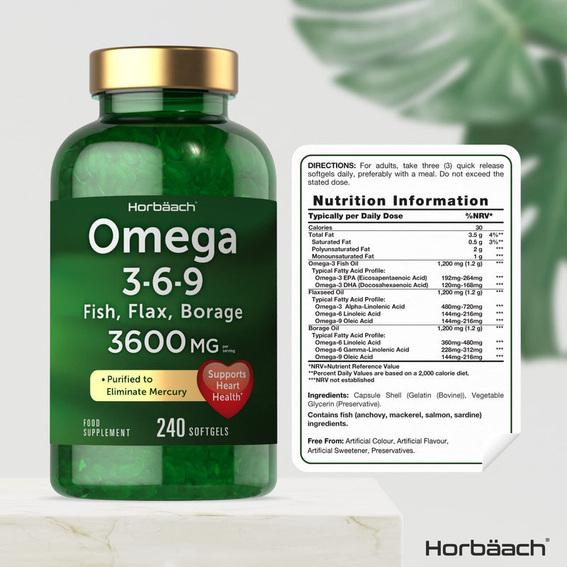[Australia] - Triple Omega 3 6 9 | 3600mg | 240 Softgel Capsules | High Strength Supplement with EPA, DHA & ALA Essential Fatty Acids | Fish Oil, Flaxseed & Starflower Oil | by Horbaach 240 Count (Pack of 1) 