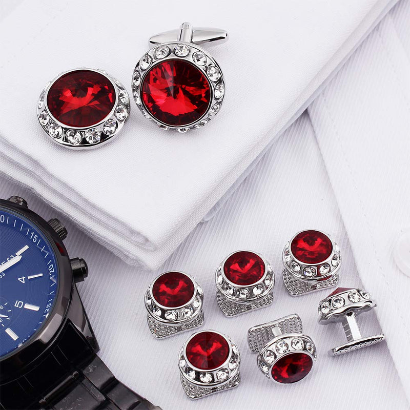 [Australia] - Crystal Cufflinks and 6 Tuxedo Studs Set for Men's Tuxedo Shirt and Women - Wedding Party Accessories Red 