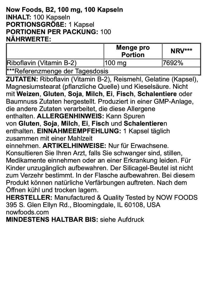 [Australia] - NOW Supplements, Vitamin B-2 (Riboflavin) 100 mg, Energy Production*, 100 Veg Capsules 