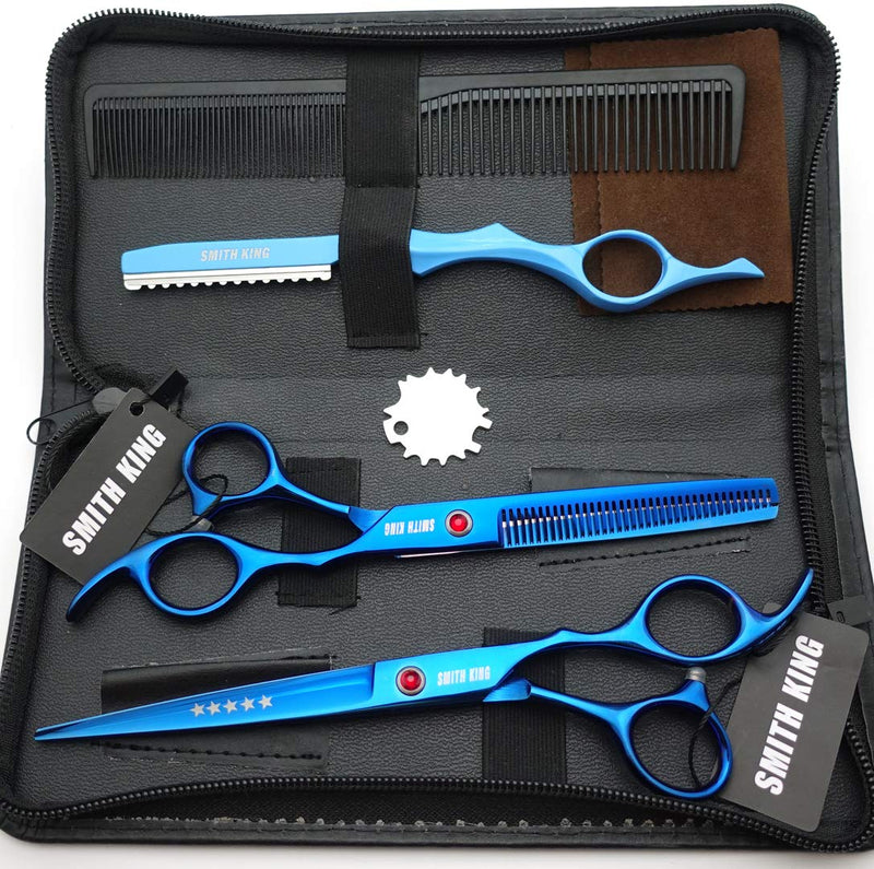 [Australia] - 7.0 inch hair scissors set Hair cutting scissors & thinning scissors with razor combs in 1 set (Blue) 