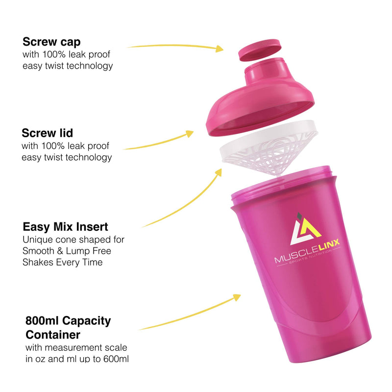 [Australia] - Protein Shaker Screw top 100% Leak Proof Drinks Bottle 600ml to 800ml by Musc (Pink) Pink Transparent 