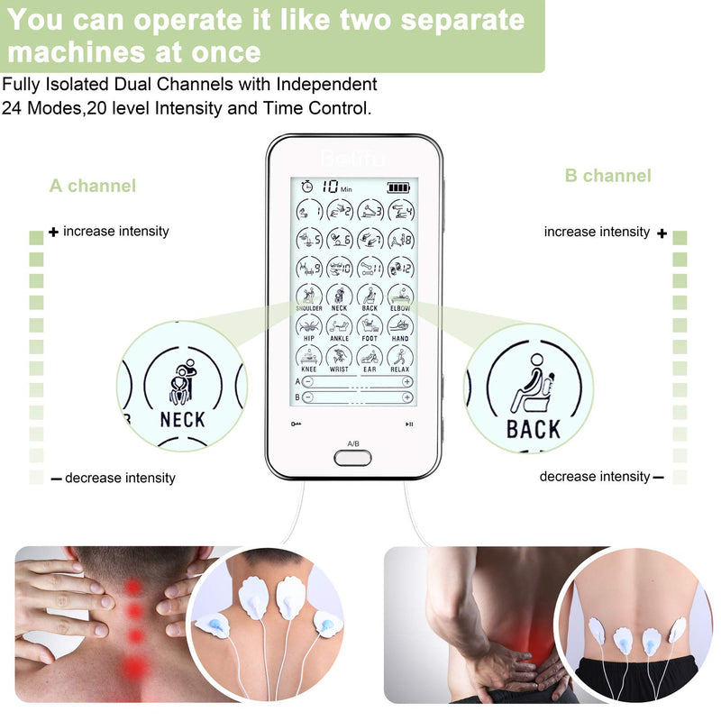 [Australia] - Belifu Dual Channel Tens Unit Electro Muscle Stimulator, Fully Isolated with Independent 24 Modes, Rechargeable Pulse Massager with Electrodes Pads for Neck Back Arms Chronic Pain Relief Body Building 