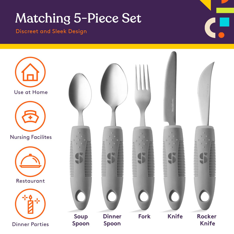 [Australia] - Special Supplies Adaptive Utensils (5-Piece Kitchen Set) Wide, Non-Weighted, Non-Slip Handles for Hand Tremors, Arthritis, Parkinson’s or Elderly Use - Stainless Steel Knives, Fork, Spoons - Grey 