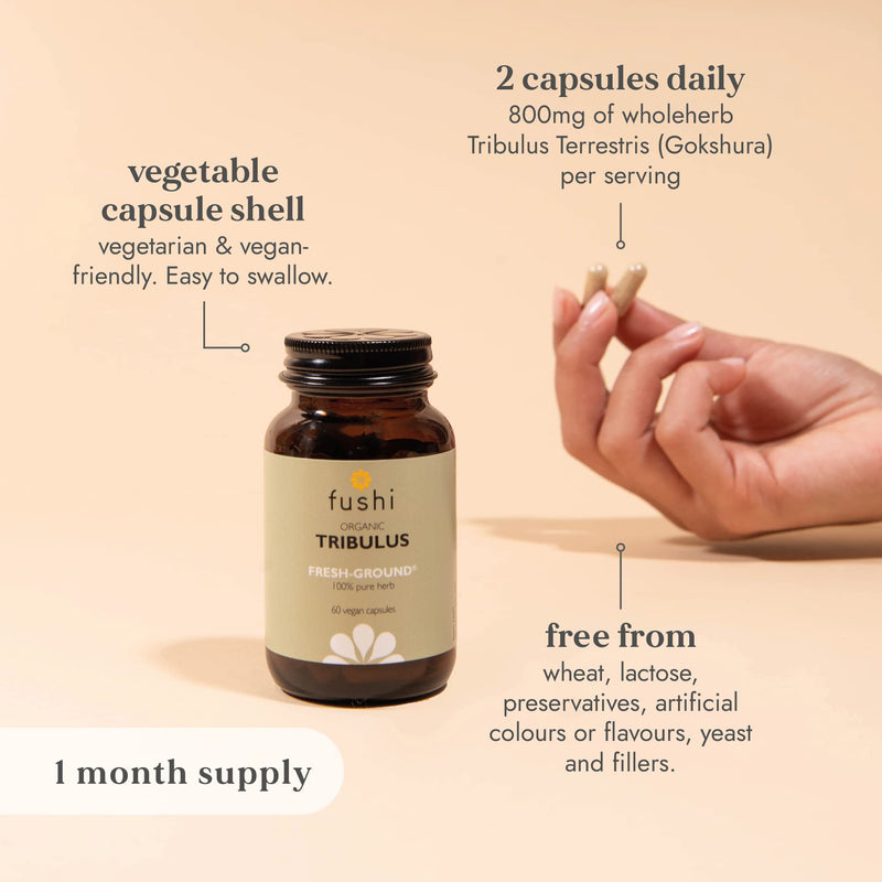 [Australia] - Fushi Organic Tribulus Terrestris (Gokshura), 60 Caps | Fresh-Ground Whole Food | Ayurvedic herb for Male Health & Sports Performance | Ethical & Vegan | Manufactured in the UK 