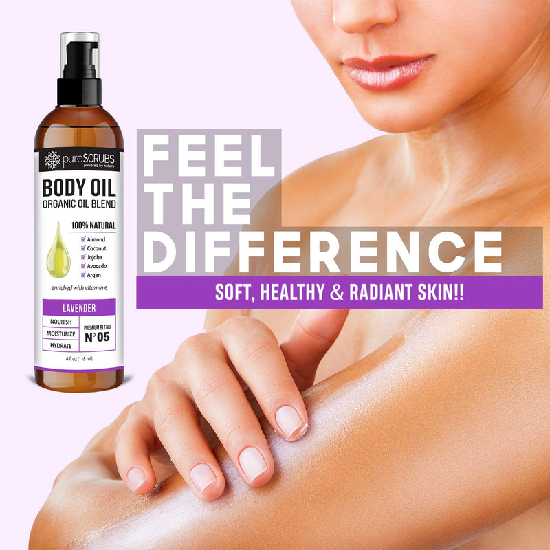 [Australia] - pureSCRUBS Ultra Moisturizing LAVENDER BODY OIL Spray For Dry Skin, Massage, Cuticles & More, Organic Blend of Jojoba, Argan, Coconut, Sweet Almond & Avocado Oils Enriched with Vitamin E - Lg 4oz Lavender - 4oz 