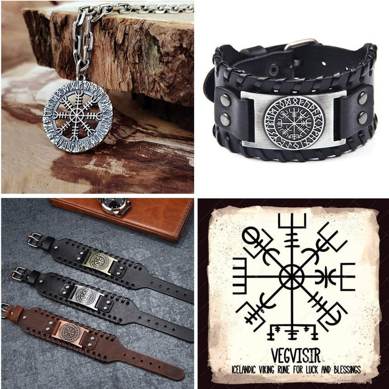 [Australia] - Viking Bracelet Norse Vegvisir - Nordic Bracelet with Runic Compass - Celtic Pagan Jewelry (Vegvisir Silver) 