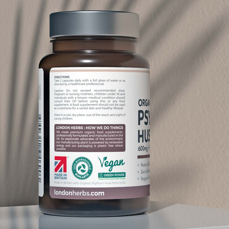 [Australia] - Organic Psyllium Husk Capsules 1200mg Serving - Prebiotic Soluble Fibre Supplement - Natural Bloating Relief & Stool Softener | 120 Capsules - Zero Fillers 100% Pure Psyllium Husk 
