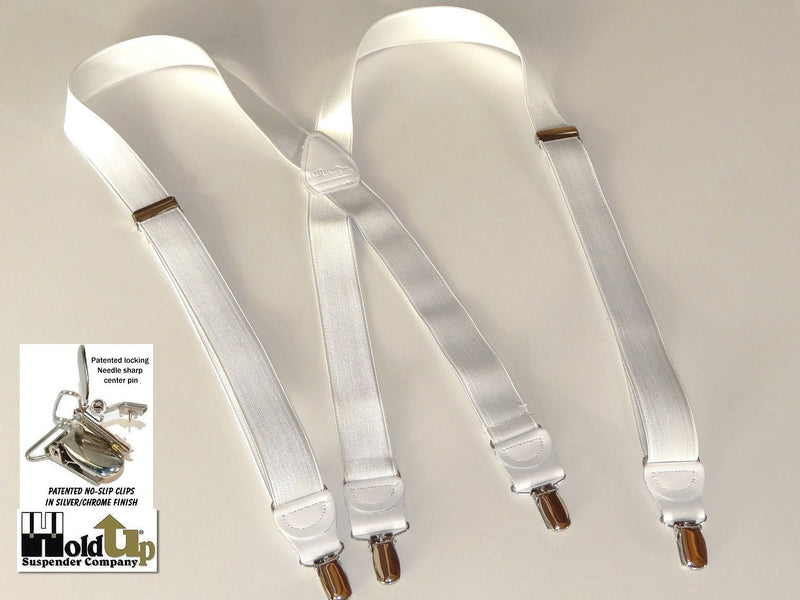 [Australia] - Holdup Brand X-back 1" wide Satin Finish White Suspenders with No-slip Silver Clips 