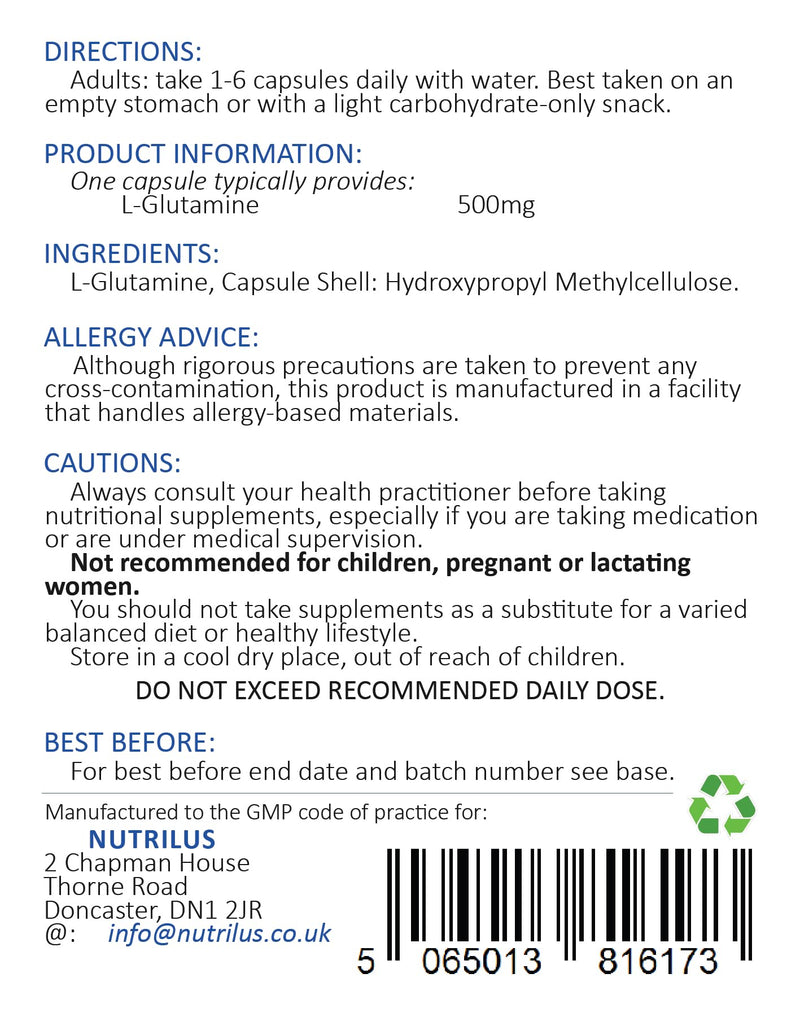 [Australia] - L-Glutamine Capsules 90 x 500mg - Pure Amino Acid - no Fillers - Vegan Capsules - not Tablets - Sport, Muscle Recovery 