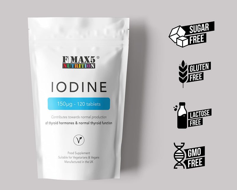 [Australia] - Iodine 150mcg 120 Tablets | High Strength Natural Source of Iodine from Potassium Iodide | Pregnancy Health & Thyroid Supplement | Vegan | UK Made | Fmax5 Supps 