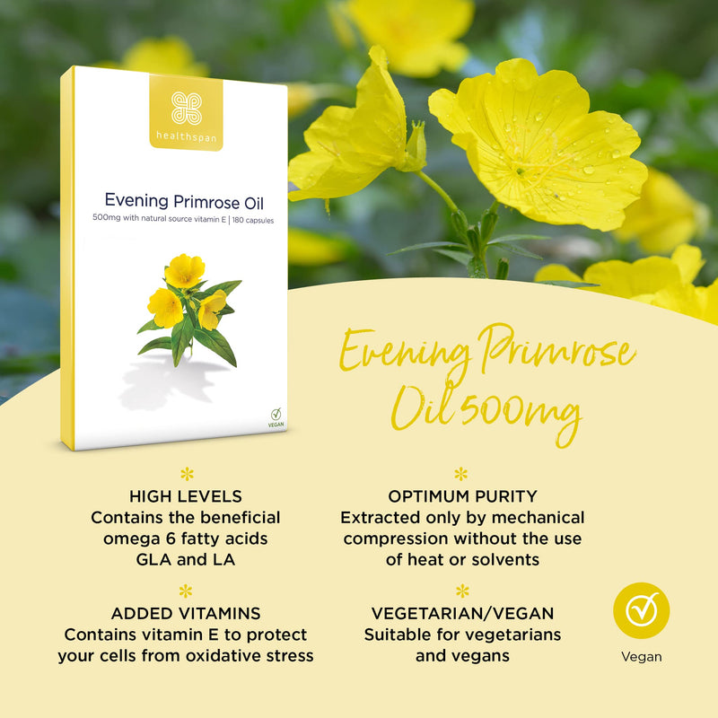 [Australia] - Healthspan Evening Primrose Oil 500mg (180 Capsules) | Omega 6 Fatty Acids | Women's Health | Added Vitamin E | Gamma Linolenic Acid & Linoleic Acid | Protects Cells from Oxidative Stress | Vegan 