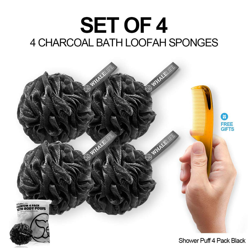 [Australia] - Shower Puff 4 Pack Black Bath Sponge Shower Loofahs Pouf Ball Nature Bamboo Charcoal Mesh Bulk Puffs Large, Shower Essential Skin Care by WhaleLife 