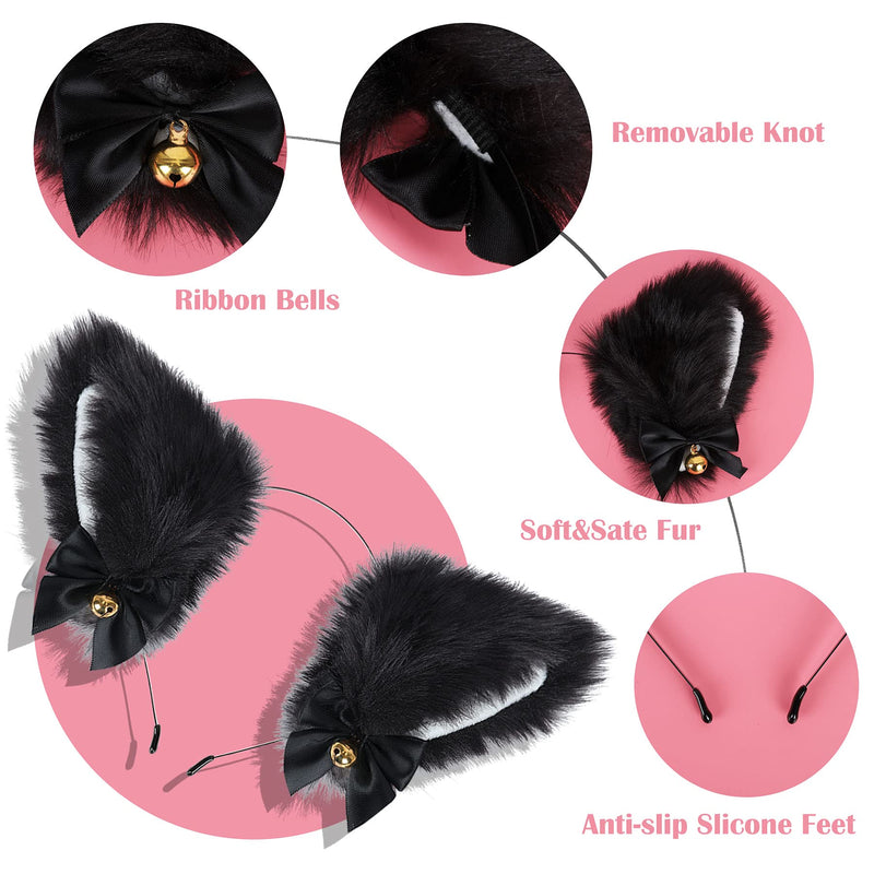[Australia] - Cat Ears-2 Packs Cosplay Cat Fox Ears Headband with Bells Anime Cute Plush Accessories for Women Girls Halloween Cosplay Costume Party (Black with Pink) Ear-white+pink 