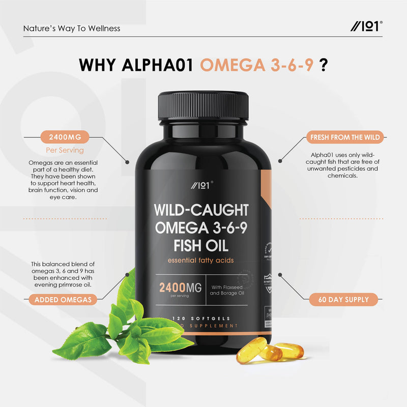 [Australia] - Omega 3-6-9 Fish Oil 2400mg - Wild-Caught - with Flax Oil & Borage Oil - 120 Softgels - No Additives � Non-GMO, Gluten Free, Halal 120 Count (Pack of 1) 