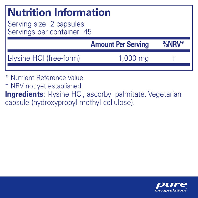 [Australia] - Pure Encapsulations - L-Lysine 500mg - Hypoallergenic Essential Amino Acid Supplement - 90 Vegetarian Capsules 90 Count (Pack of 1) 