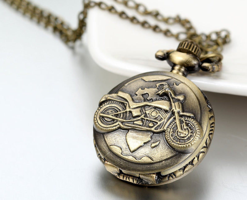 [Australia] - Jewelrywe Steampunk Pocket Watch,Bronze Biker Motorcycle Motorbike Moto Pocket Watch Necklace Pendant Mens Boys Full Cover-2.7cm 