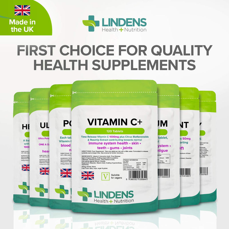 [Australia] - Lindens Vitamin C+ 1000mg - 120 Tablets - Time Release Tablets with Citrus Bioflavonoids and Rosehip - Contributes to Immune System Health, Reduces Tiredness and Supports Healthy Skin and Teeth 120 Count (Pack of 1) 