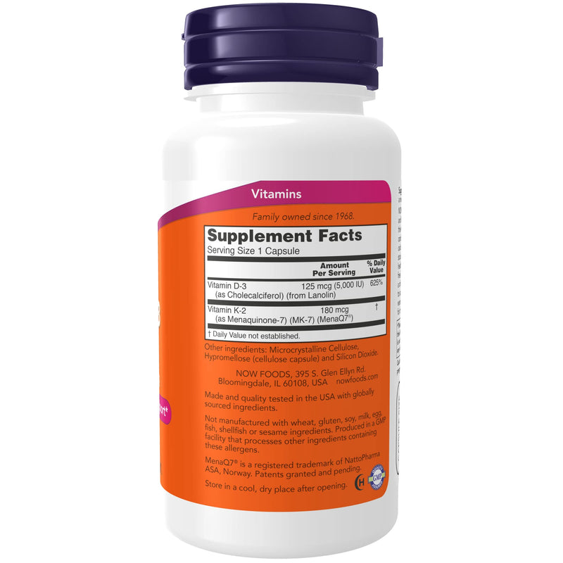 [Australia] - NOW Supplements, Mega D-3 & MK-7, 5000 IU / 180 mcg, Bone & Cardiovascular Support*, Vitamins K-3 & K-2, 120 Capsules 