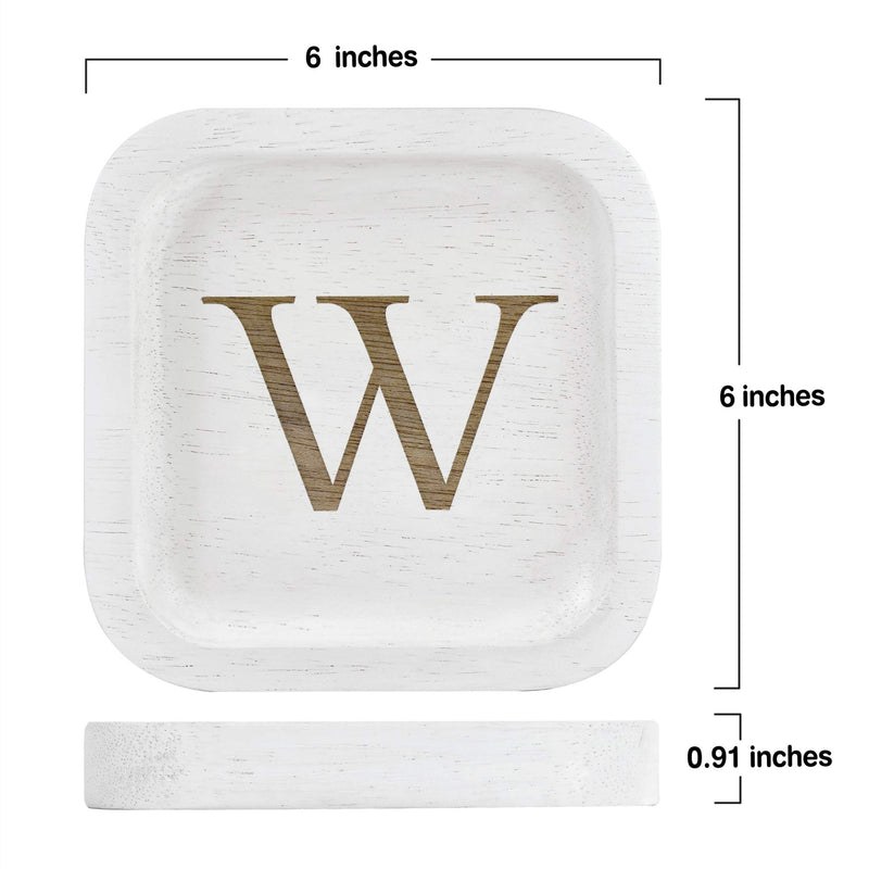 [Australia] - Solid Wood Personalized Initial Letter Jewelry Display Tray Decorative Trinket Dish Gifts For Rings Earrings Necklaces Bracelet Watch Holder (6"x6" Sq White "W") 6"x6" Sq White "W" 
