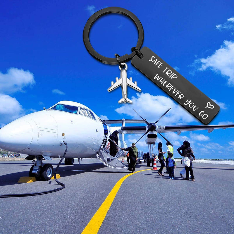 [Australia] - ENSIANTH Safe Trip Wherever You Go Keychain Safe Travels Keychain Flight Attendants Gift Pilot Jewelry Aviation Gift Safe Trip-black Key 