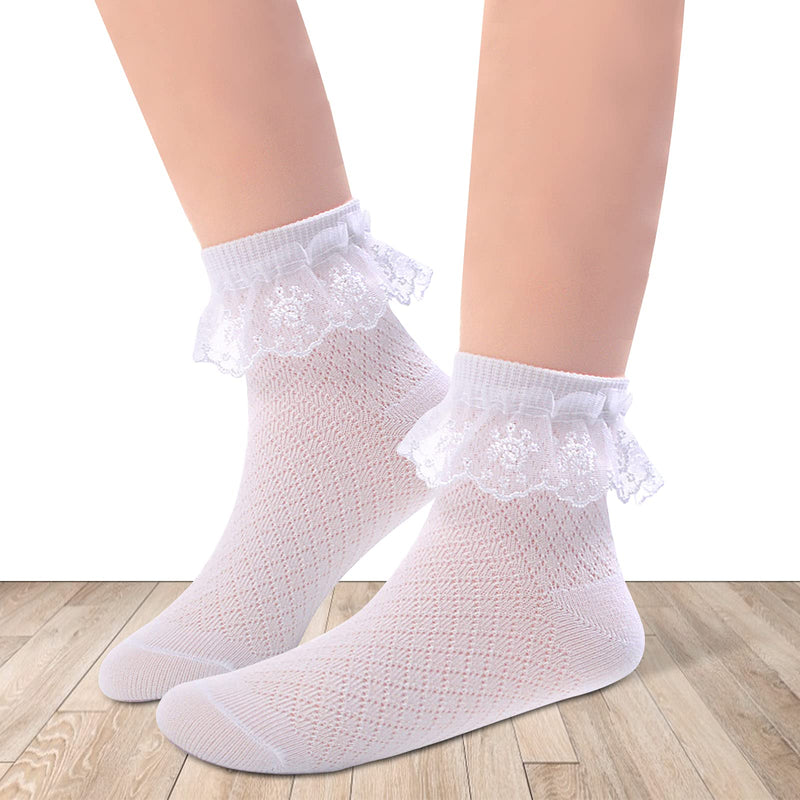 [Australia] - 5 Pair Baby Girls Eyelet Ruffle Cotton Lace Socks White Princess Dress Socks For Toddler Kids Child 1-13 Years 1-2T 